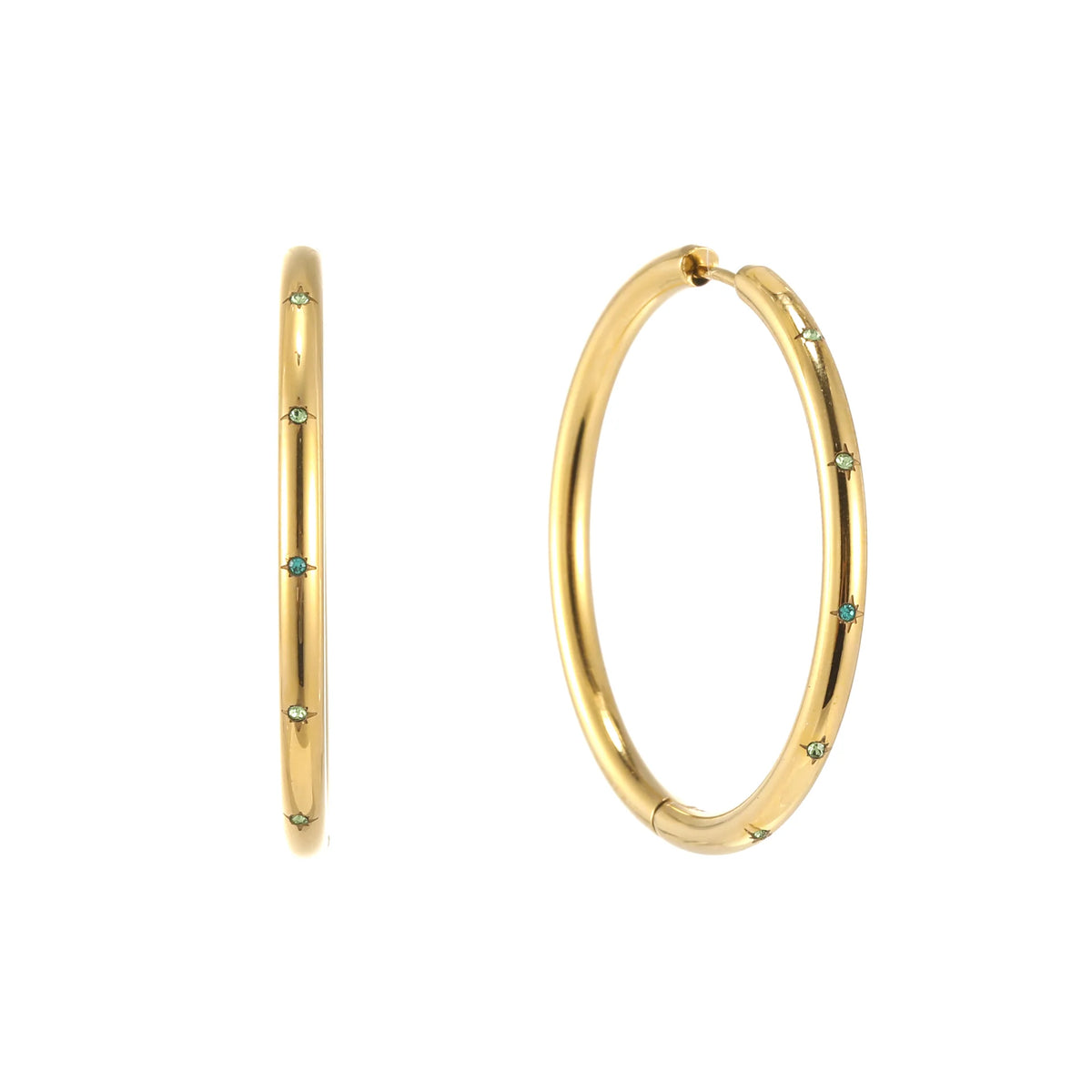 Bijoux De Mimi Hebe Thin Bigger Star Hoop - Gold & Green