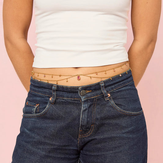 Bijoux De Mimi Lara Double Star Stacking Belly Chain - Gold & Pink