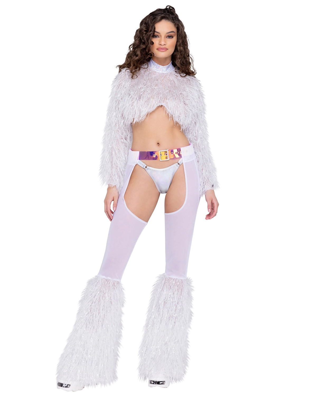 Long Sleeved Faux Fur Cropped Top - White