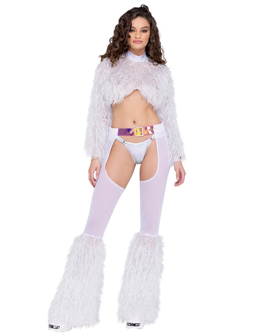 Long Sleeved Faux Fur Cropped Top - White
