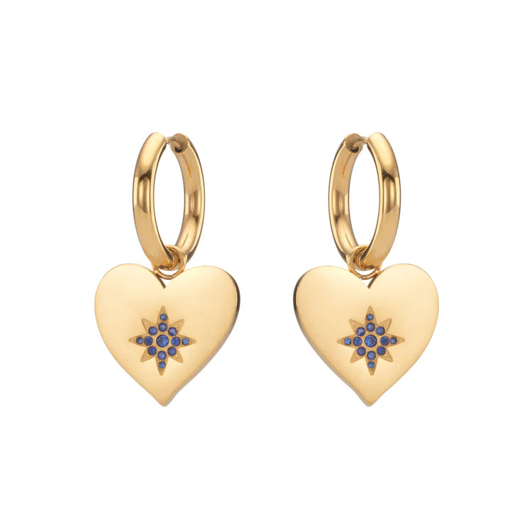 Bijoux De Mimi Lucinda Gold Blue Chunky Heart Hoop Earrings