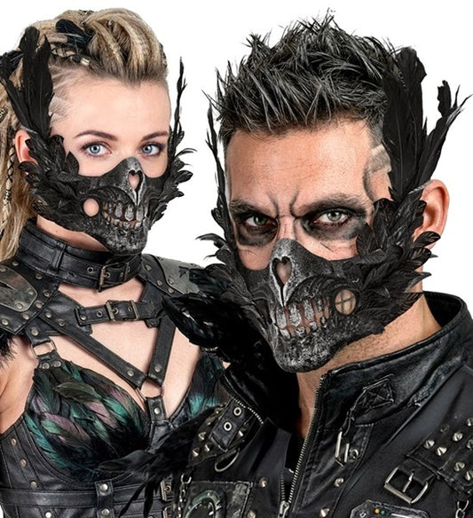 Skull Mouth Mask with Feathers