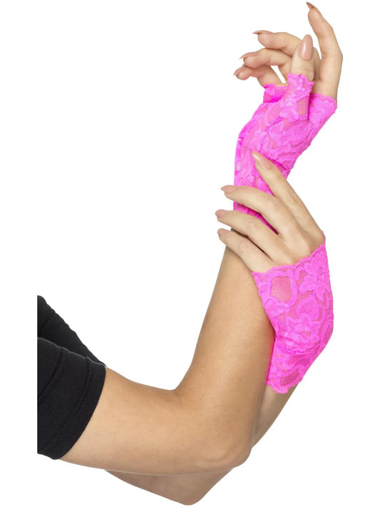 80s Neon Pink Fingerless Lace Gloves