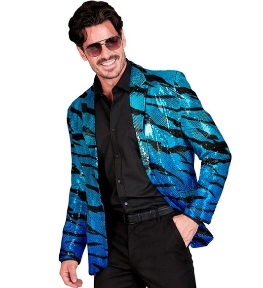Party Fashion Blue Animalier Zebra Sequin Blazer Jacket