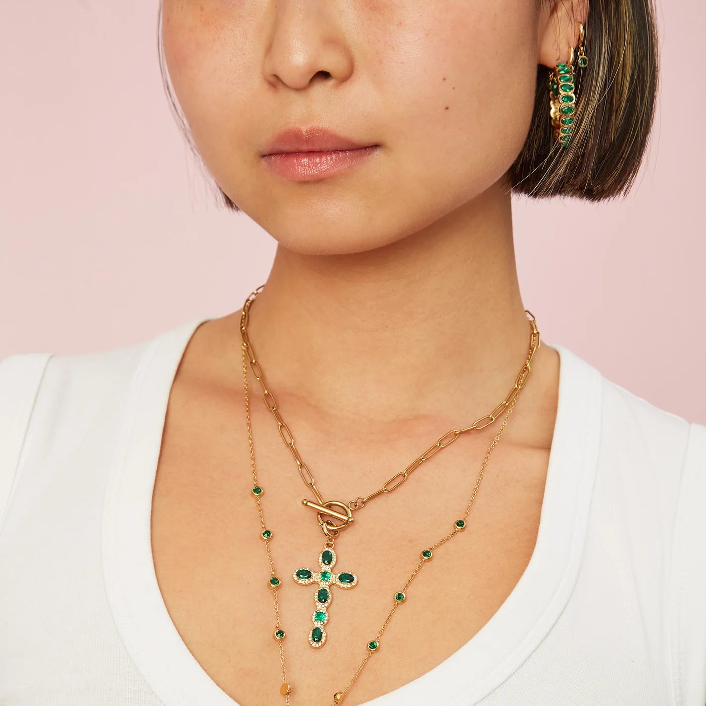Bijoux De Mimi Phoebe Cross Pendant Charm - Gold & Green