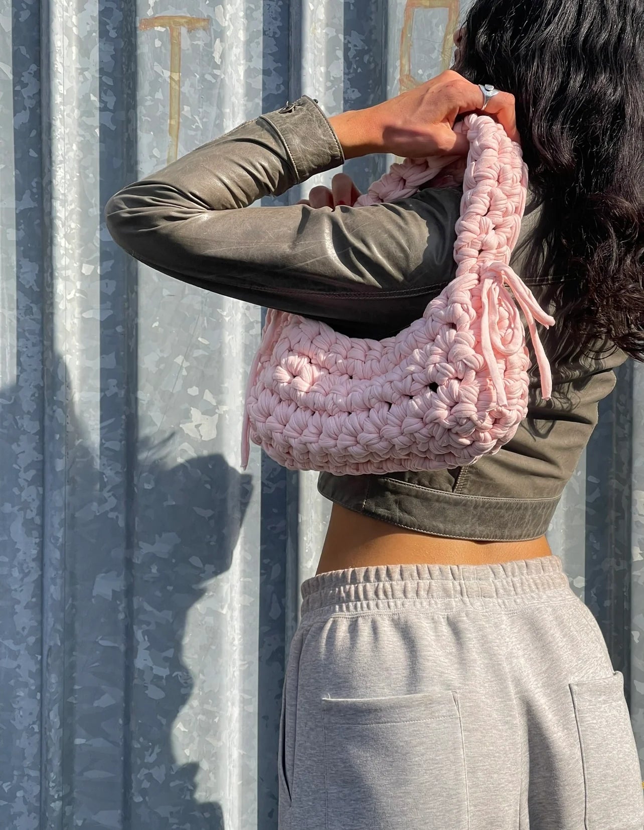 Baby Pink Ribbon Crochet Shoulder Bag