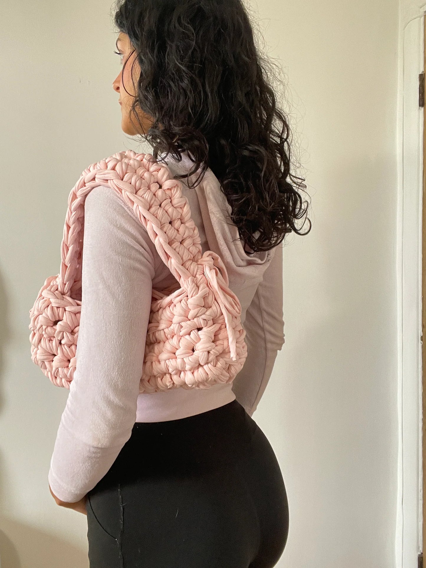Baby Pink Ribbon Crochet Shoulder Bag