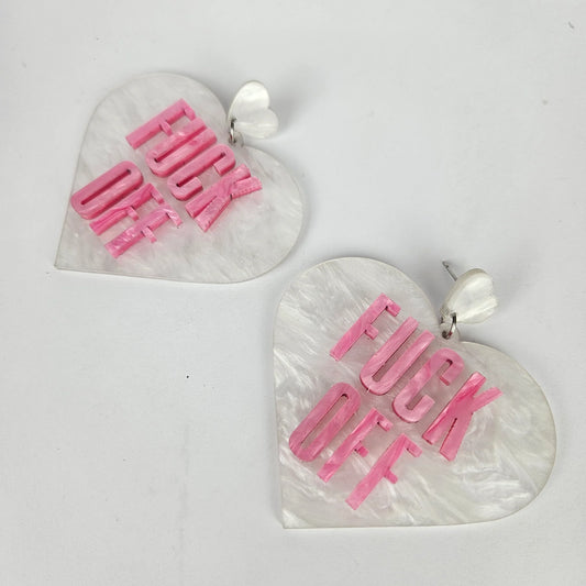 Fuck Off Heart Earrings - Pink & White
