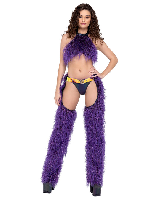 Long Sleeved Faux Fur Cropped Top - Purple