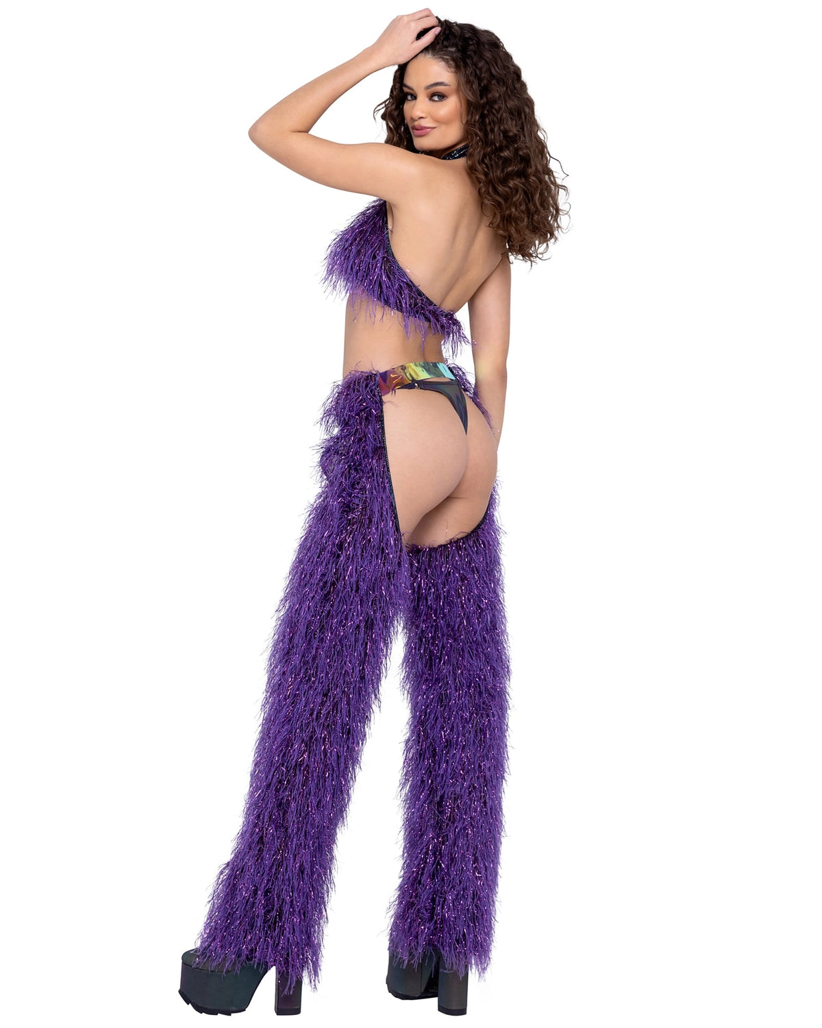 Faux-Fur Cropped Halter Neck Top - Purple