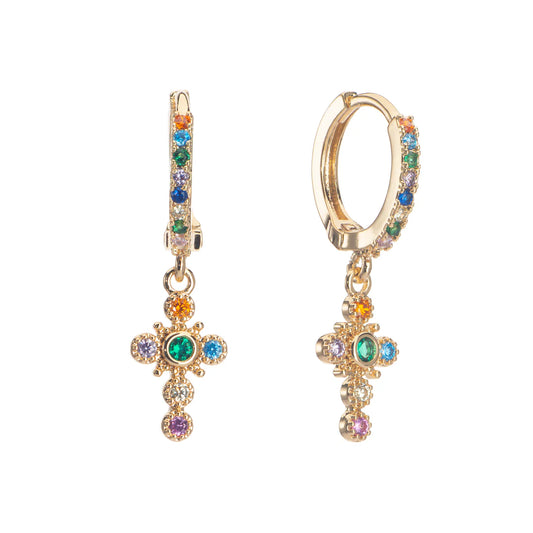 Bijoux De Mimi Isabella Rainbow Gold Cross Huggie Earrings