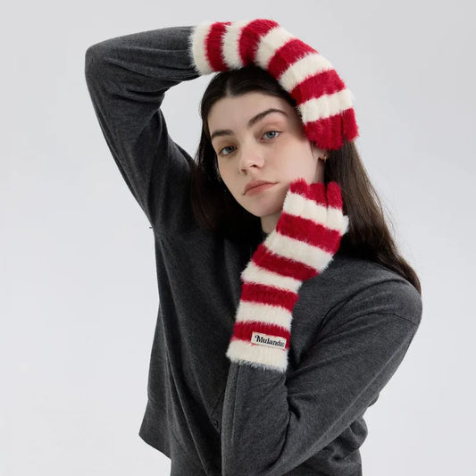 Striped Fuzzy Knitted Gloves - Red & White