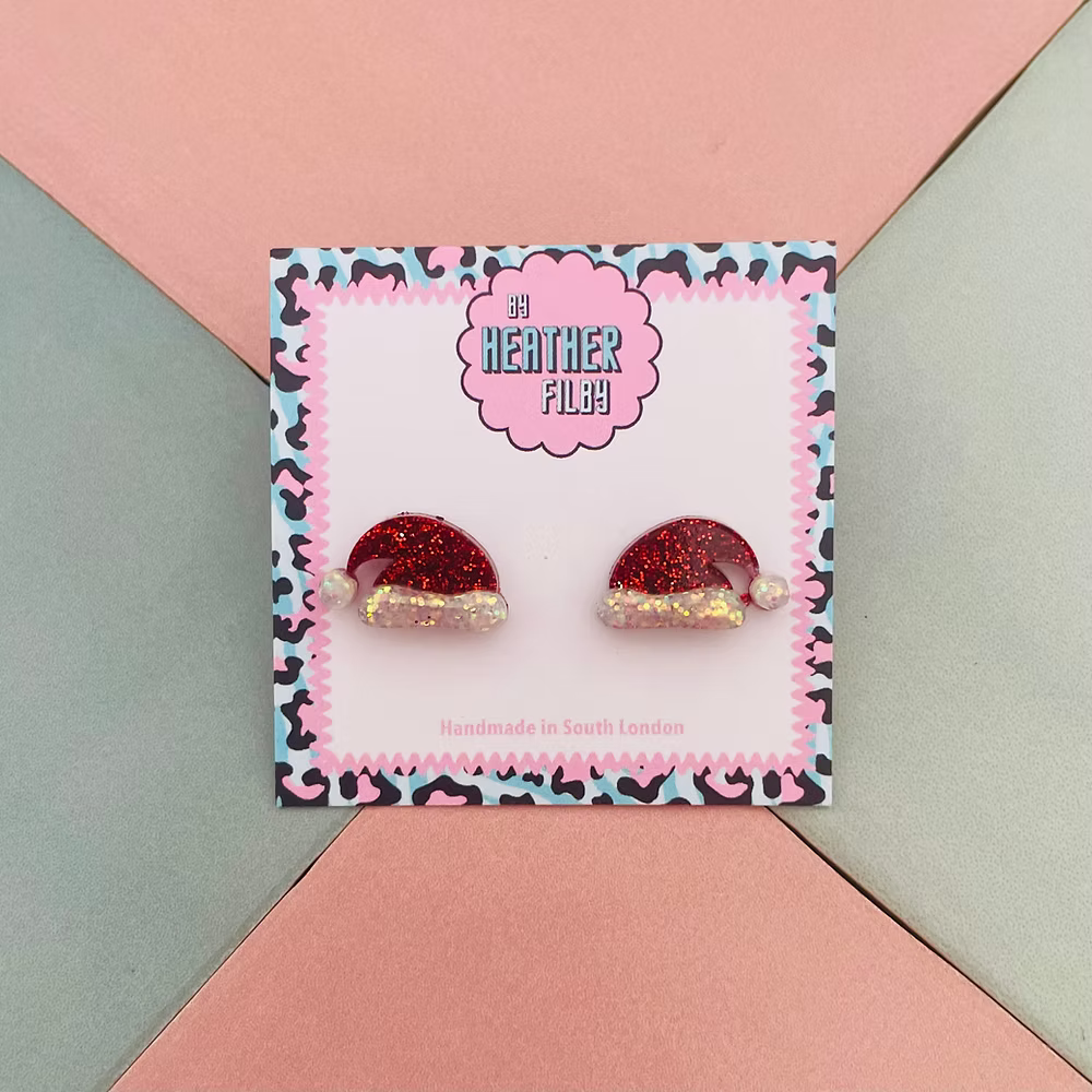 Christmas Santa Hat Glitter Stud Earrings