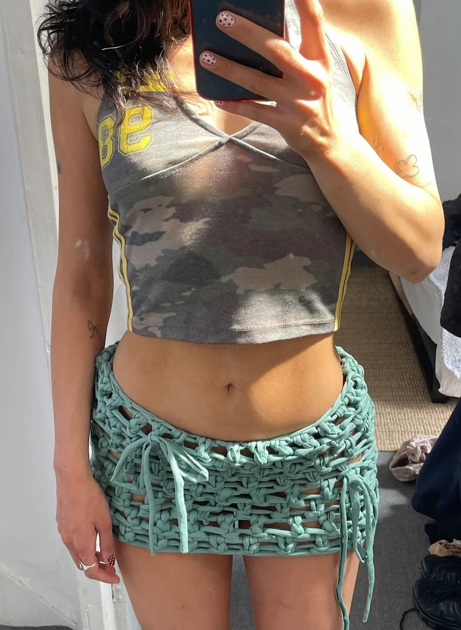 Teal Ribbon Crochet Mini Skirt