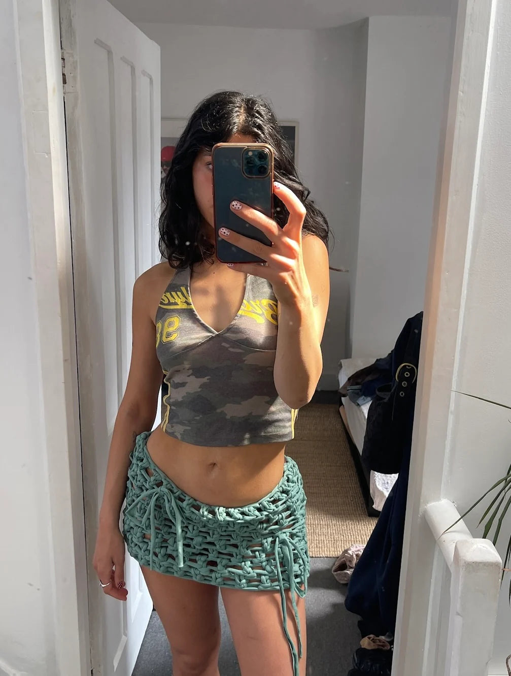 Teal Ribbon Crochet Mini Skirt