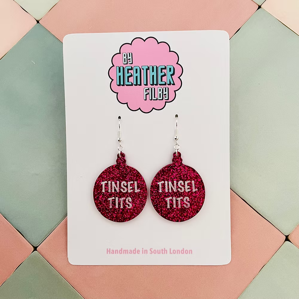 Tinsel Tits Glitter Bauble Christmas Earrings
