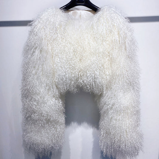 Cropped Mongolian Fur Jacket - White