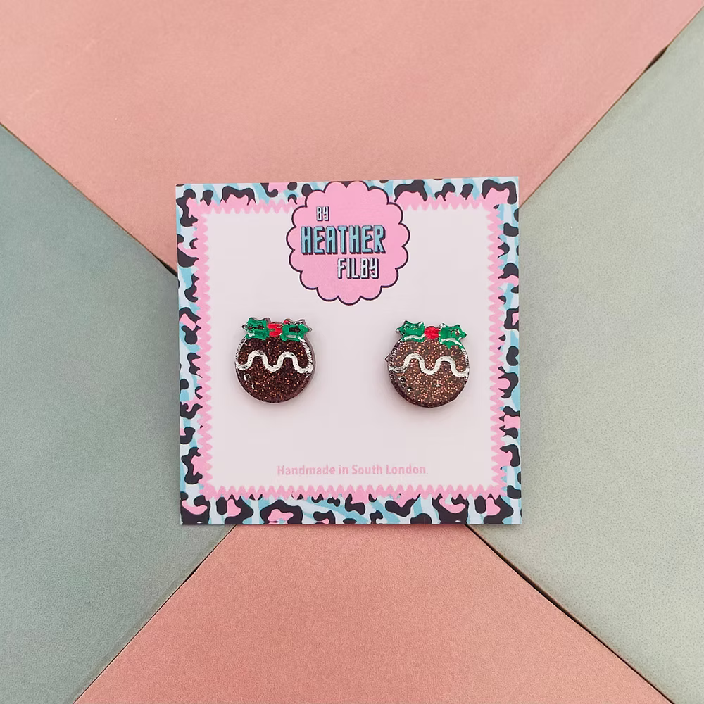 Christmas Pudding Glitter Stud Earrings