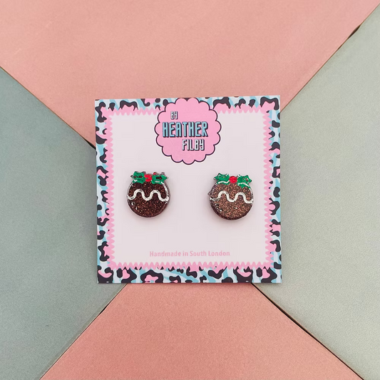 Christmas Pudding Glitter Stud Earrings
